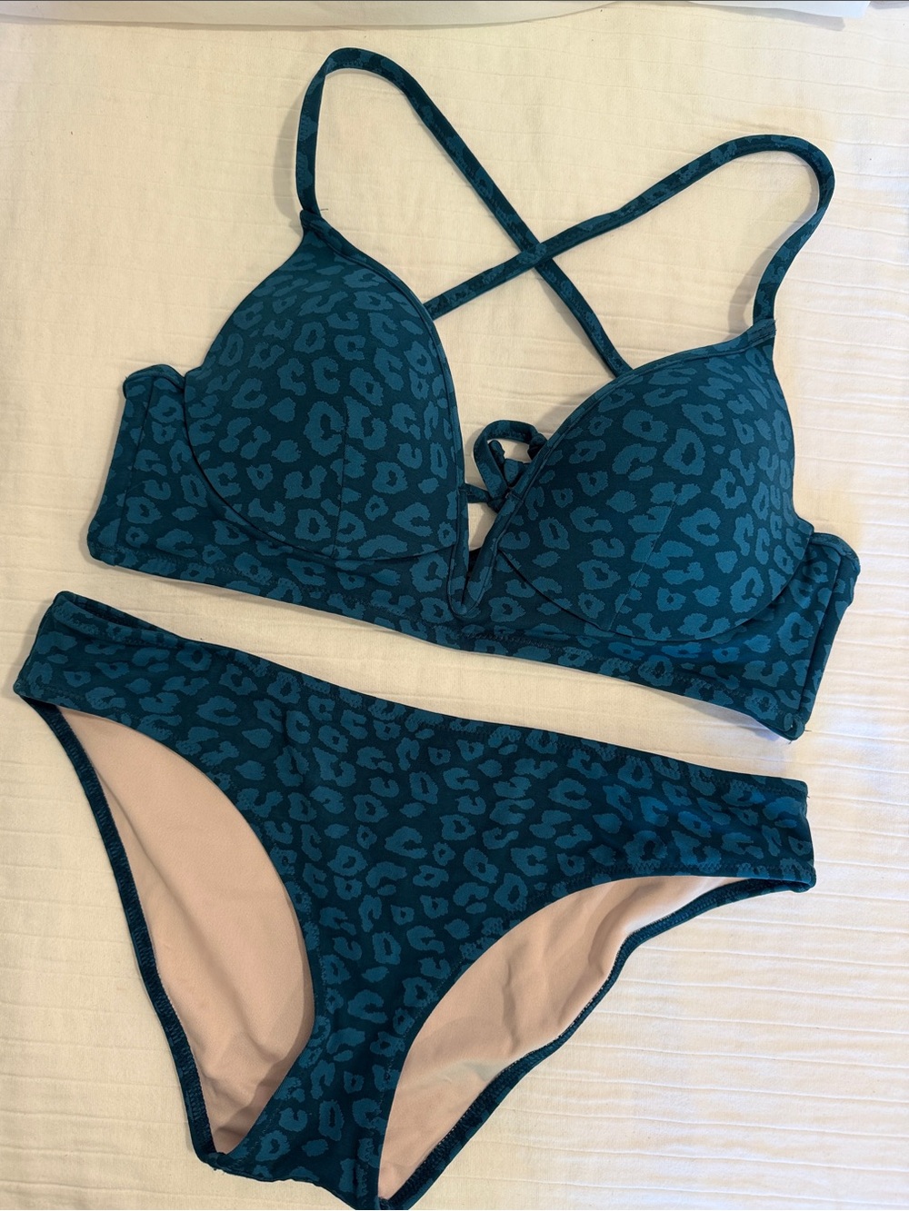 Teal Leopard Print Cross-Back Bikini Set